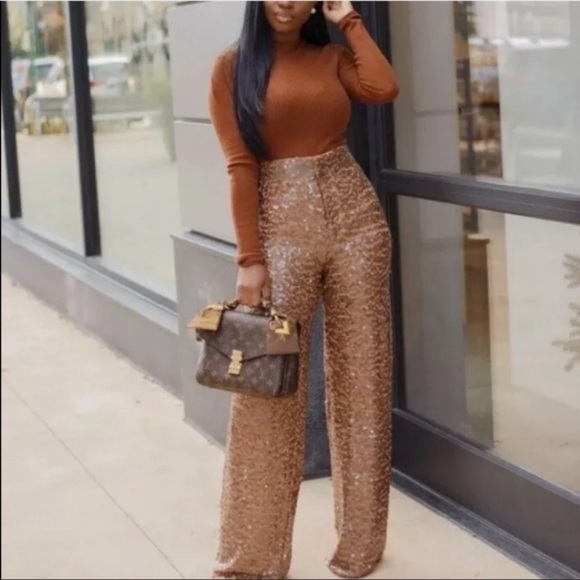 ZARA Copper Brown Sequin Pleated Wide Leg Pants - Picture 12 of 15